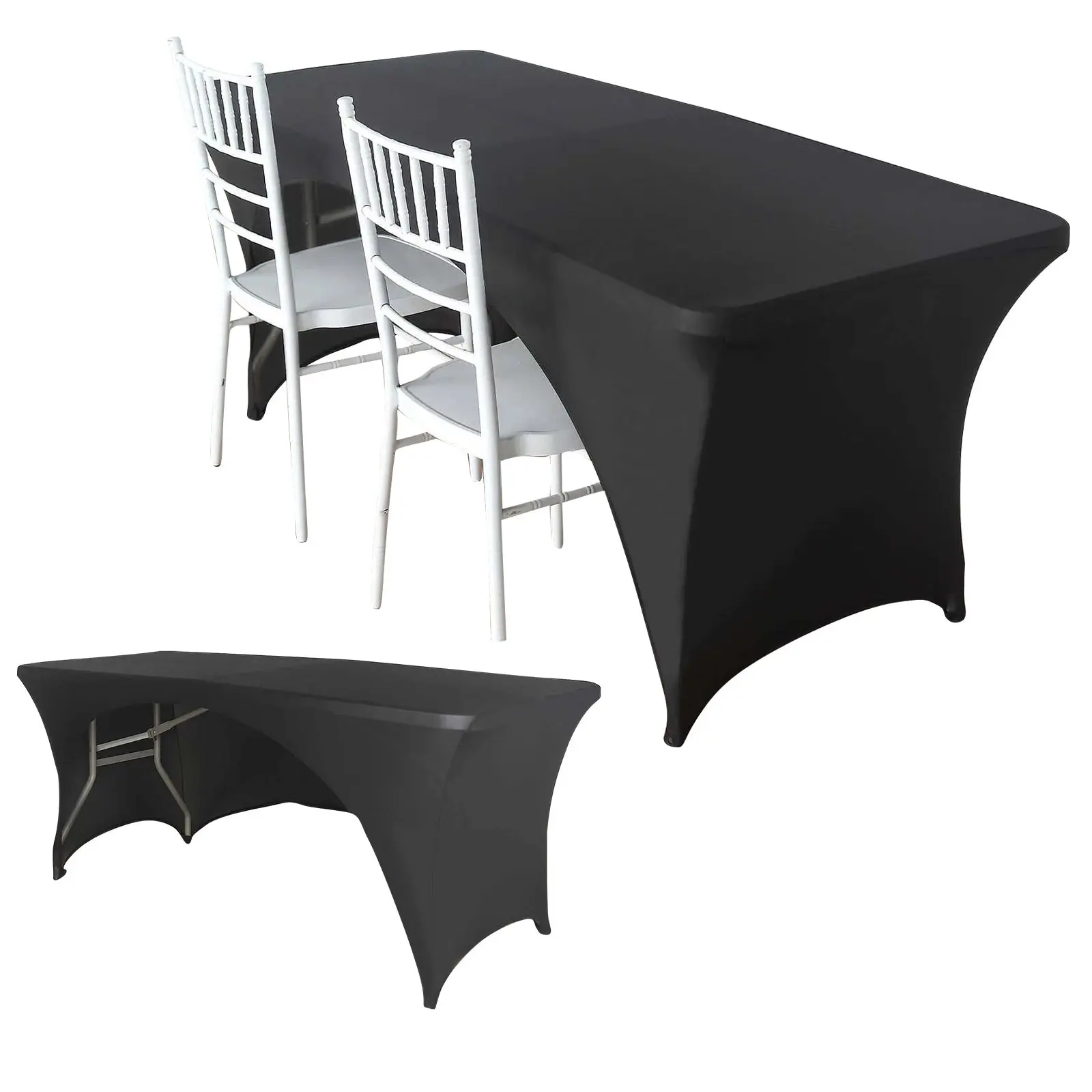 Black Stretch Spandex Table Cover - 96"x30" Rectangle, Curved Open Back, Tailored Professional Look, Solid Color Spandex Table Covers for Tradeshows, Events