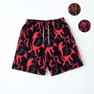 Men’s American high‑street red‑and‑black lightning shorts — summer streetwear beach casual shorts