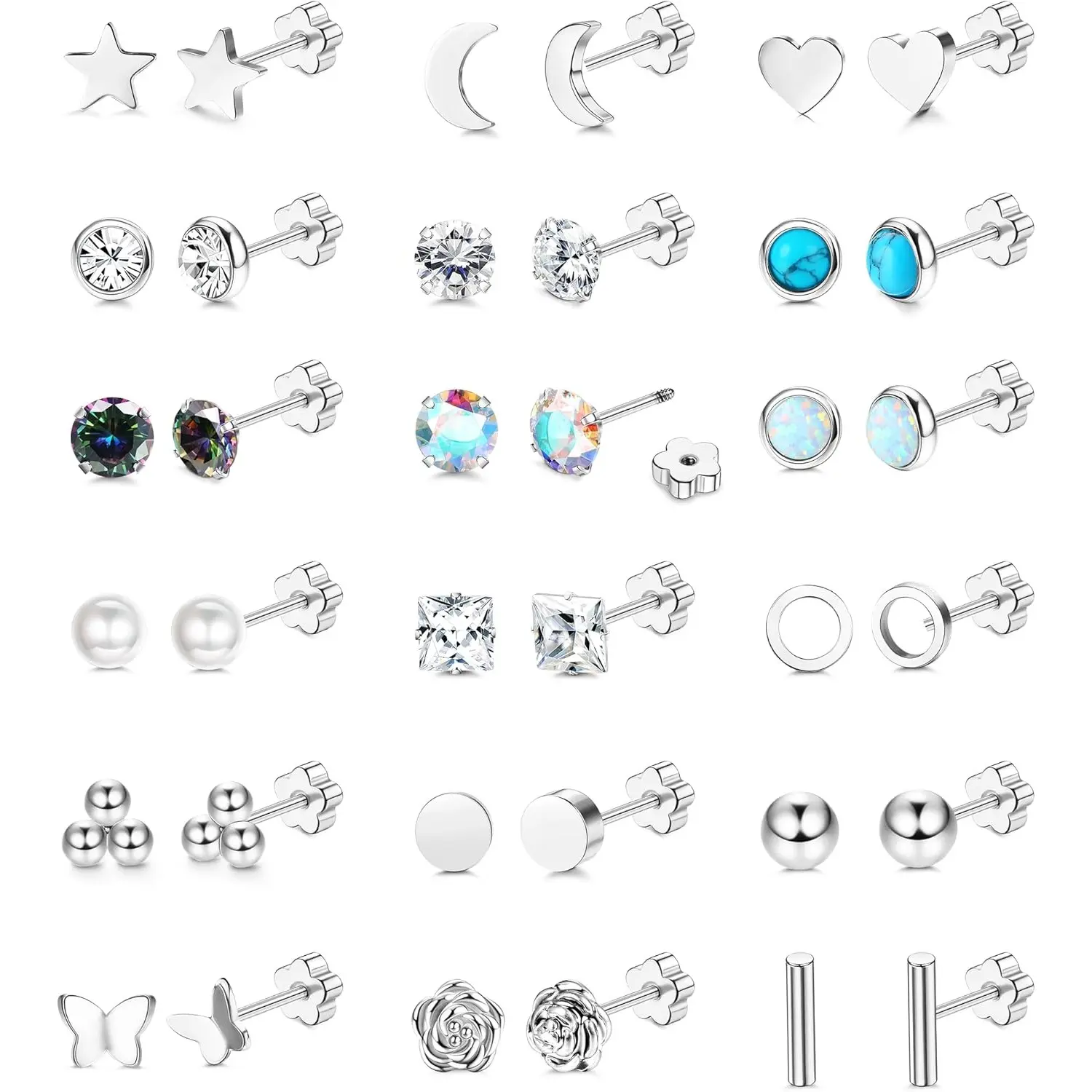 MILACOLATO 18 Pairs Silver Stud Earrings for Women Flat Back Earrings Surgical Steel Hypoallergenic 20G Helix Tragus Cartilage Earring Set Opal CZ Turquoise Sleeper Earring for Sensitive Ears, Cubic Zirconia, Elegant Earrings