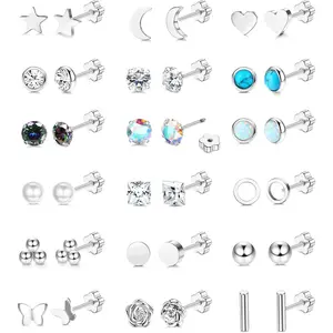 MILACOLATO 18 Pairs Silver Stud Earrings for Women Flat Back Earrings Surgical Steel Hypoallergenic 20G Helix Tragus Cartilage Earring Set Opal CZ Turquoise Sleeper Earring for Sensitive Ears