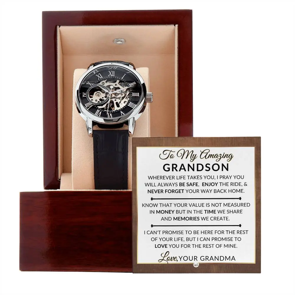 Skeleton Watch for Grandson, Openwork Self-Winding Mechanical Watch with Genuine Leather Strap and Mineral Glass in LED Gift Box, Perfect Gift Idea, Gifts