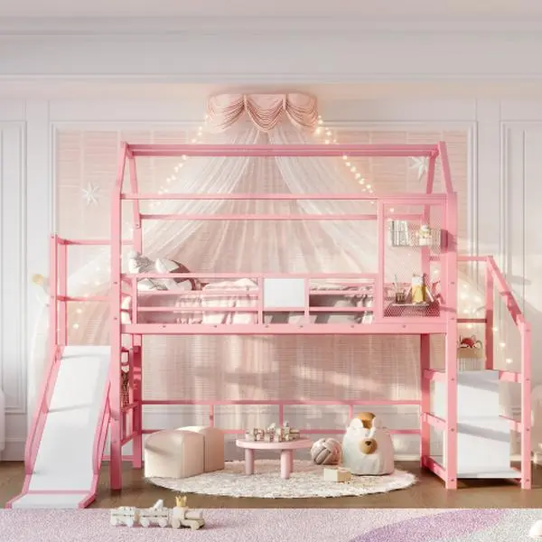 Bellemave  House Loft bed with Slide and Stairs, Metal Playhouse Bed with Storage Shelves, House-shaped Roof and Noise-free Design Bunk Bed Toddler Bed