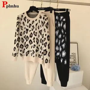 Leopard Knit 2-Piece Set, Women’s O-neck Pullover & High Waist Jogger Pants