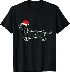 100% cotton Unisex Funny Dachshund Dog Christmas LsDachshund Christmas Lights Santa Hat Xmas Dog Lover T-Shirt