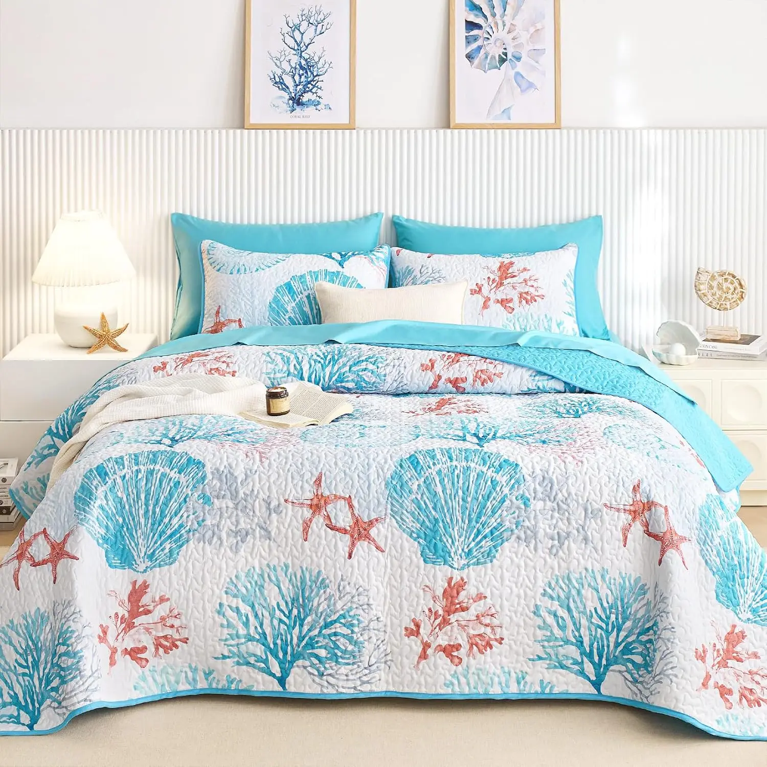 - Coastal Quilt Set, Nautical  Beach Themed Tropical Summer Patterned, Reversible Lightweight Bedspread Coverlet, 3 count,  Blue Coral, /Full Size