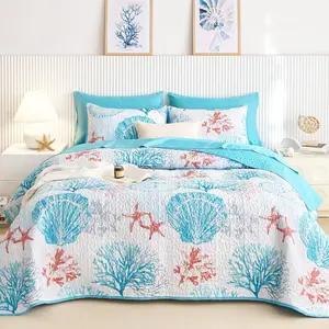 - Set, Nautical Ocean Beach Themed Tropical Summer Patterned, Reversible Lightweight Bedspread Coverlet, 3 Pieces, Aqua Blue Coral, Queen/Full Size