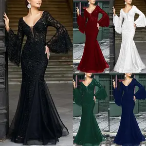 Women's Deep V Neck Sequin Floral Lace Mesh Tulle Hem Formal Evening Maxi Dress Navy Blue Elegant Design for Cocktail Parties & Evening Proms Winter wedding guest dress SpringStatements Womenswear Workwear