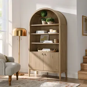 Nolan 74" Tall Arched Storage Display Cabinet Bookshelf in Light Oak
