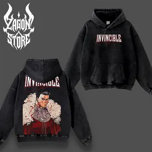 [ZagonStore] Omni Man Invincible Graphic Hoodie, Nolan Grayson Superhero Washed Hoodie, Invincible Comic Anime Streetwear, Vintage Oversized Pullover Hoodie, Blood Splatter Back Print Sweatshirt, Unisex Invincible Fan Merch Gift