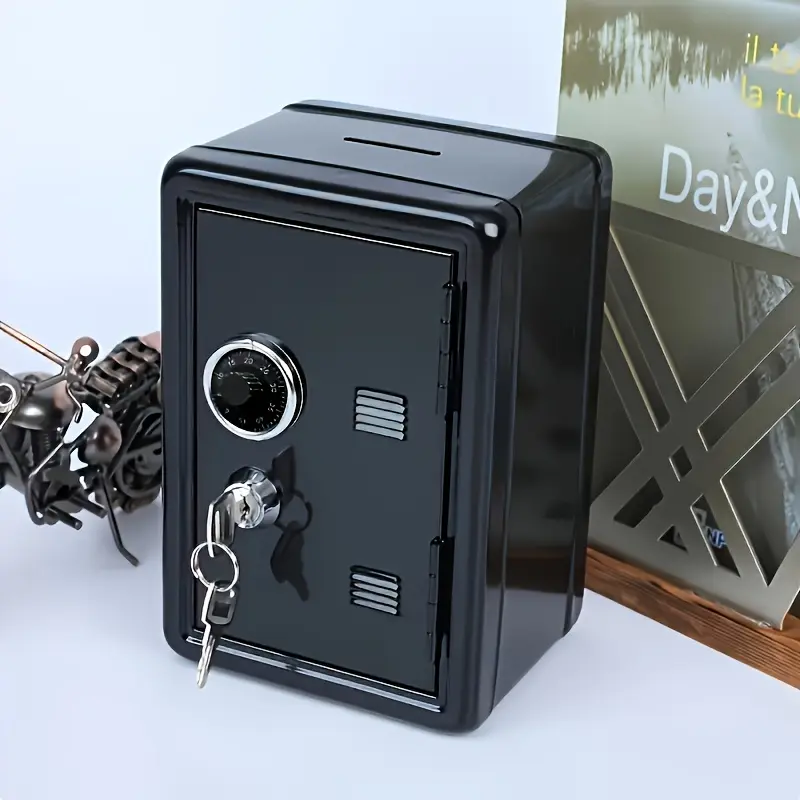 Black mini metal safe with key and password dual protection, sturdy and drop resistant design, no need for power supply, large storage capacity, safe, piggy bank, safe, portable safe