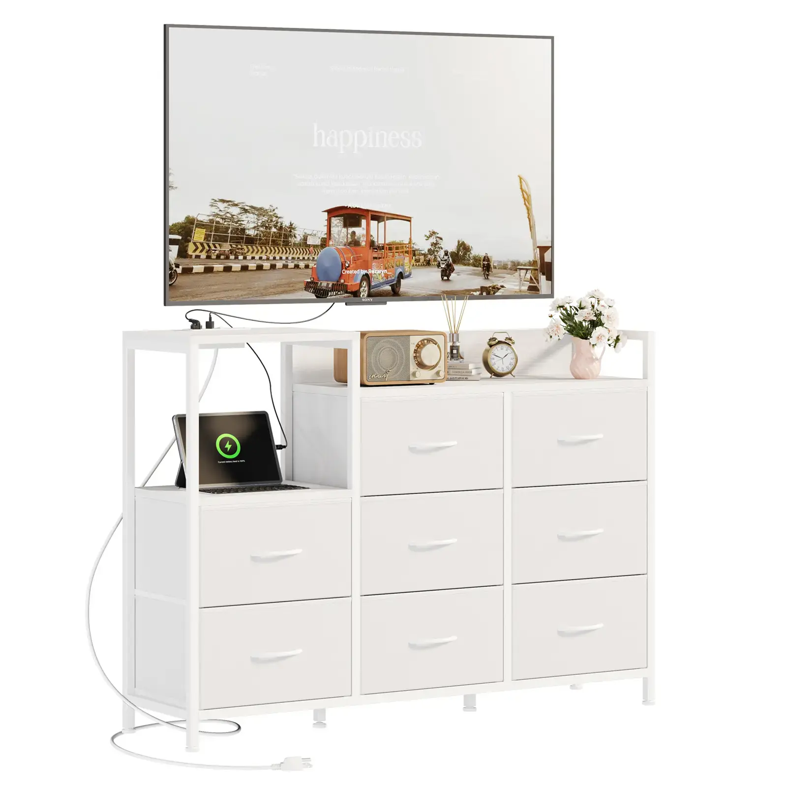 Wooden Top TV Media Console Table with 8 Fabric Drawers 1 Shelf TV Stand for 45 Inch TV Modern Design Charging Station Living Room Hallway Storage, TV Cabinet Table
