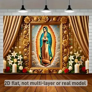 2D Flat, Our Lady of Guadalupe Wall Art - Religious Banner with Golden Frame, White Lilies & Candles - Iconic Picture for, Church, Live Stream Background - Spanish Catholic Decor, Spiritual Wall Decor (No Electricity Needed) -