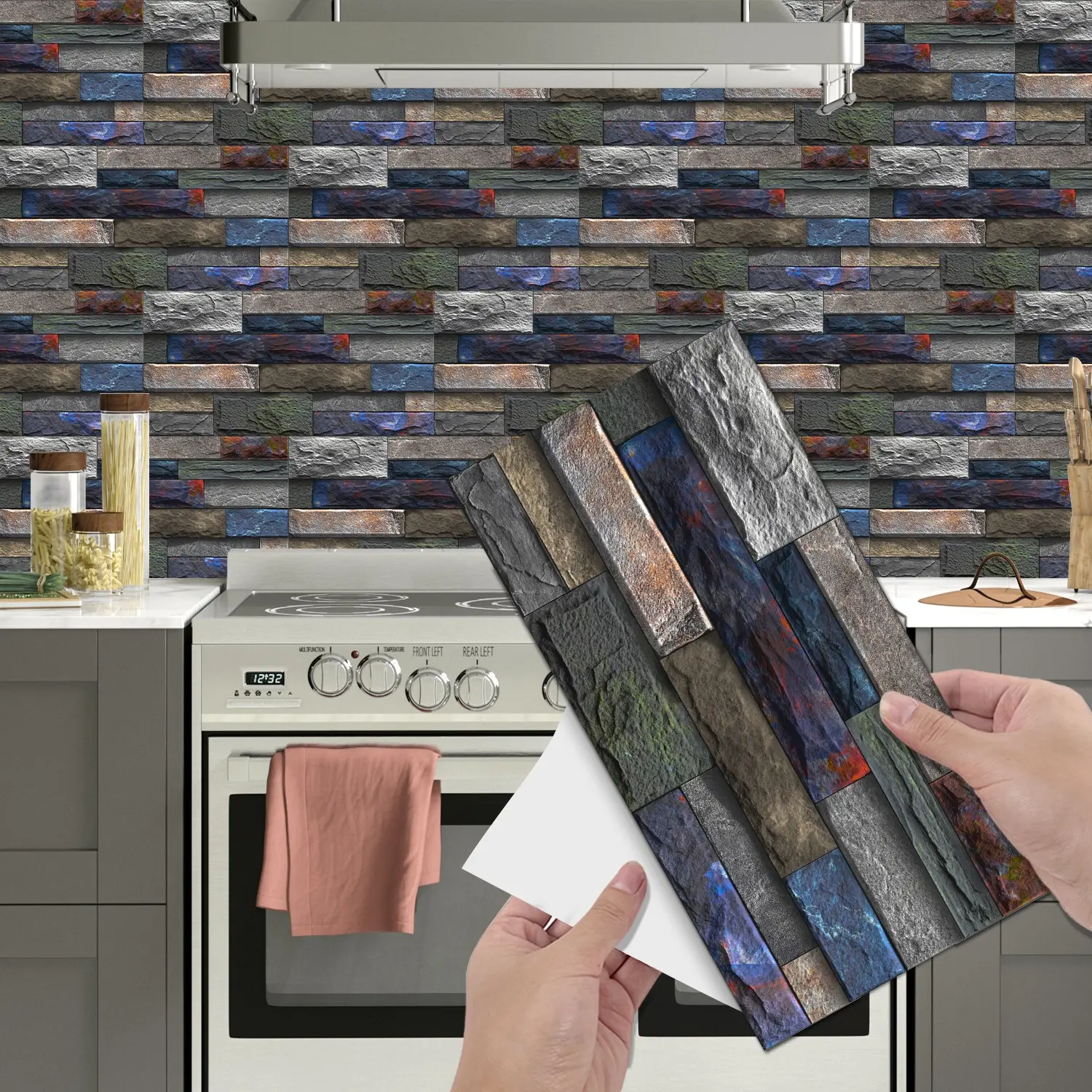 6/12/24/48PCS/Box FG-L European Retro Iridescent Stacked Stone Peel and Stick Tile, PVC Crystal Film Waterproof Oil-Proof Removable Wall Sticker for Kitchen Bathroom Floor