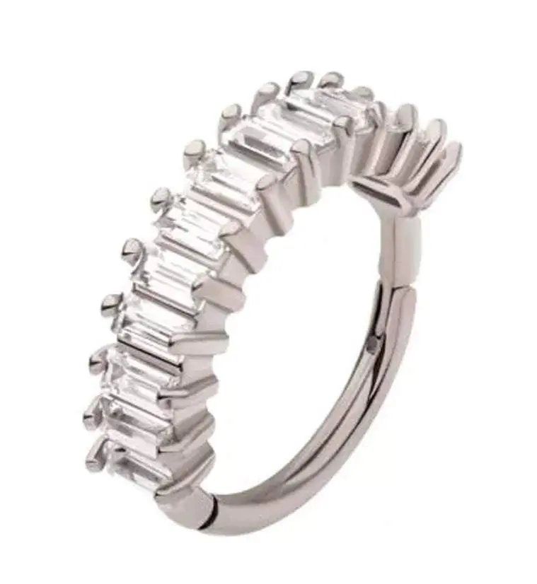 Escalier CZ Segmented Hinged Ring, 18g Stainless Steel Ring with Baguette Gems, Available in 2 Sizes