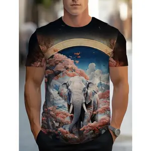 popular Unique Elephant Art Men's T-Shirt - New Arrival, Vibrant Design with Dreamy Landscape, for Fashion-Conscious Guys Seeking Stand-Out Style