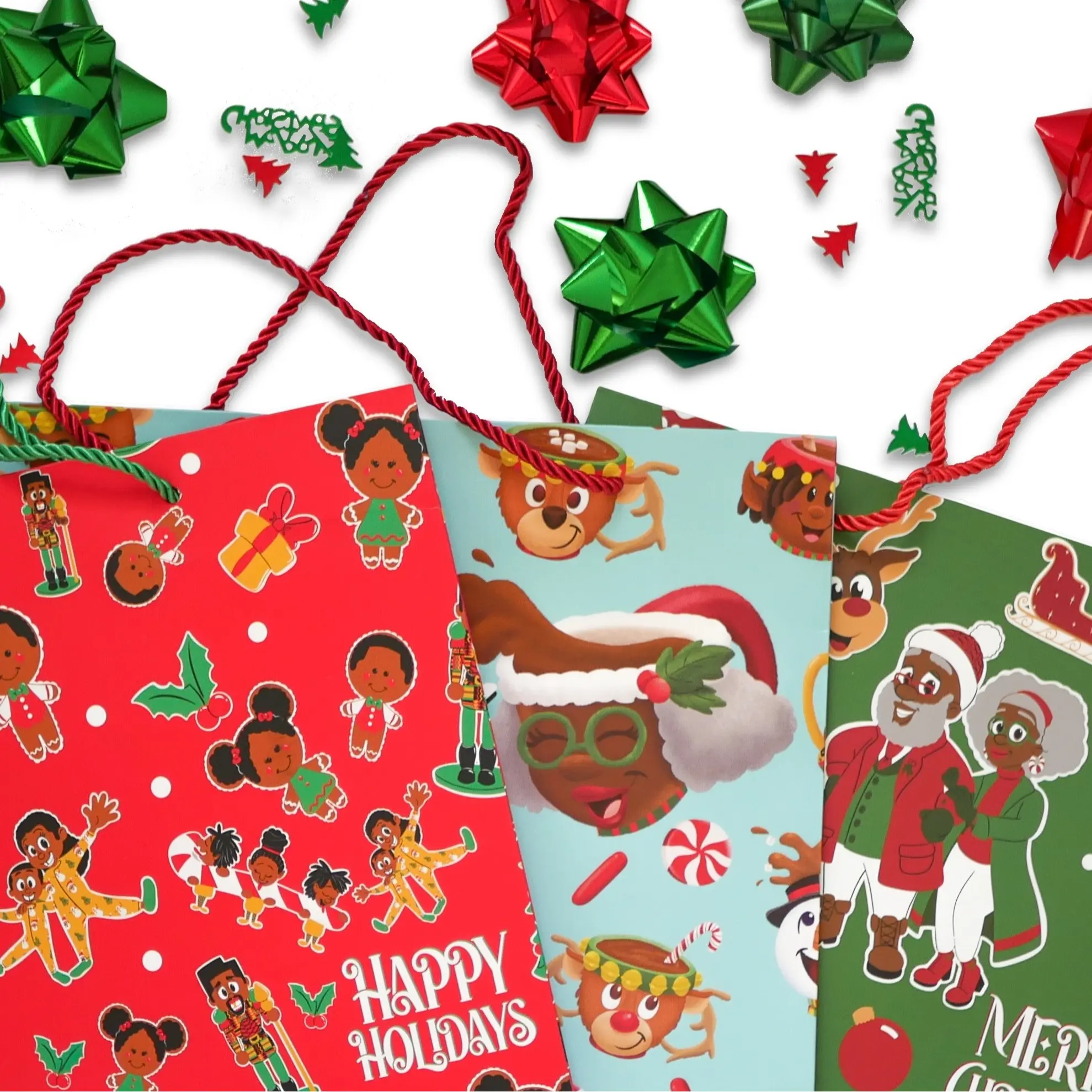 The SivART Gallery Black Santa Christmas Gift Bag Multipack - 3 PC Original Hand Drawn Designs by Travis A Thompson 15x12x4in Paper Bags with Strong Rope Handles Durable Stylish Gift Wrapping