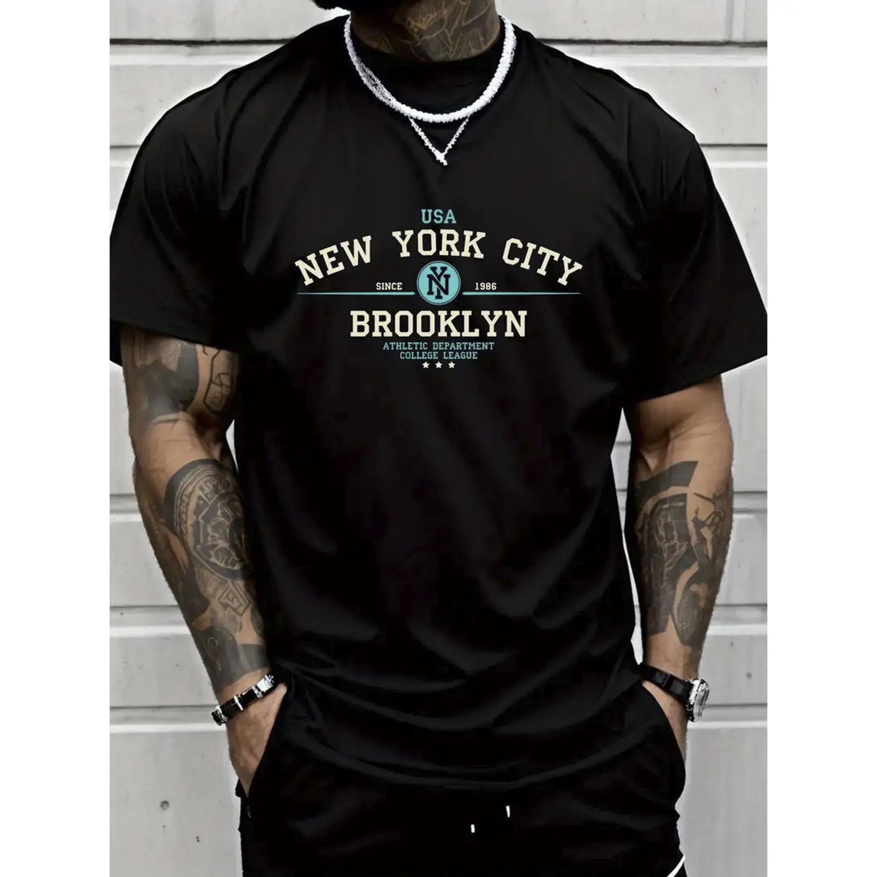 Men's 100% Cotton Brooklyn Graphic T-Shirt - Street Style Regular Fit Round Neck Short Sleeve, Breathable All-Season Tee for Gym, Camping & Casual Outings - Machine Washable Holiday Gift, Summer Tshirt | Trendy Casualwear | 100% Cotton Shirt