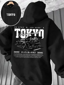Men's Hooded Fleece Sweatshirt with Car Print Design, Casual Autumn Winter Gift Option, Fitted and Comfortable Style, Car Hoodie