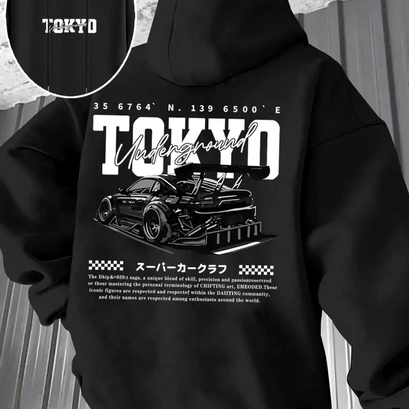 Men's Hooded Fleece Sweatshirt with Car Print Design, Casual Autumn Winter Gift Option, Fitted and Comfortable Style, Car Hoodie