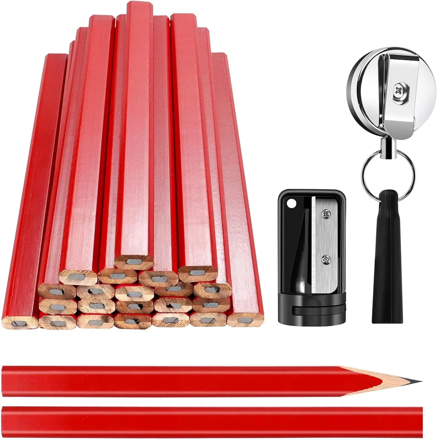 24 Pcs Carpenter Pencils, 7 Inches Construction Pencils Flat Octagonal Hard Black Woodworking Heavy Duty with Retractable Pen Holder and Sharpener for Contractor Carpentry(Red)
