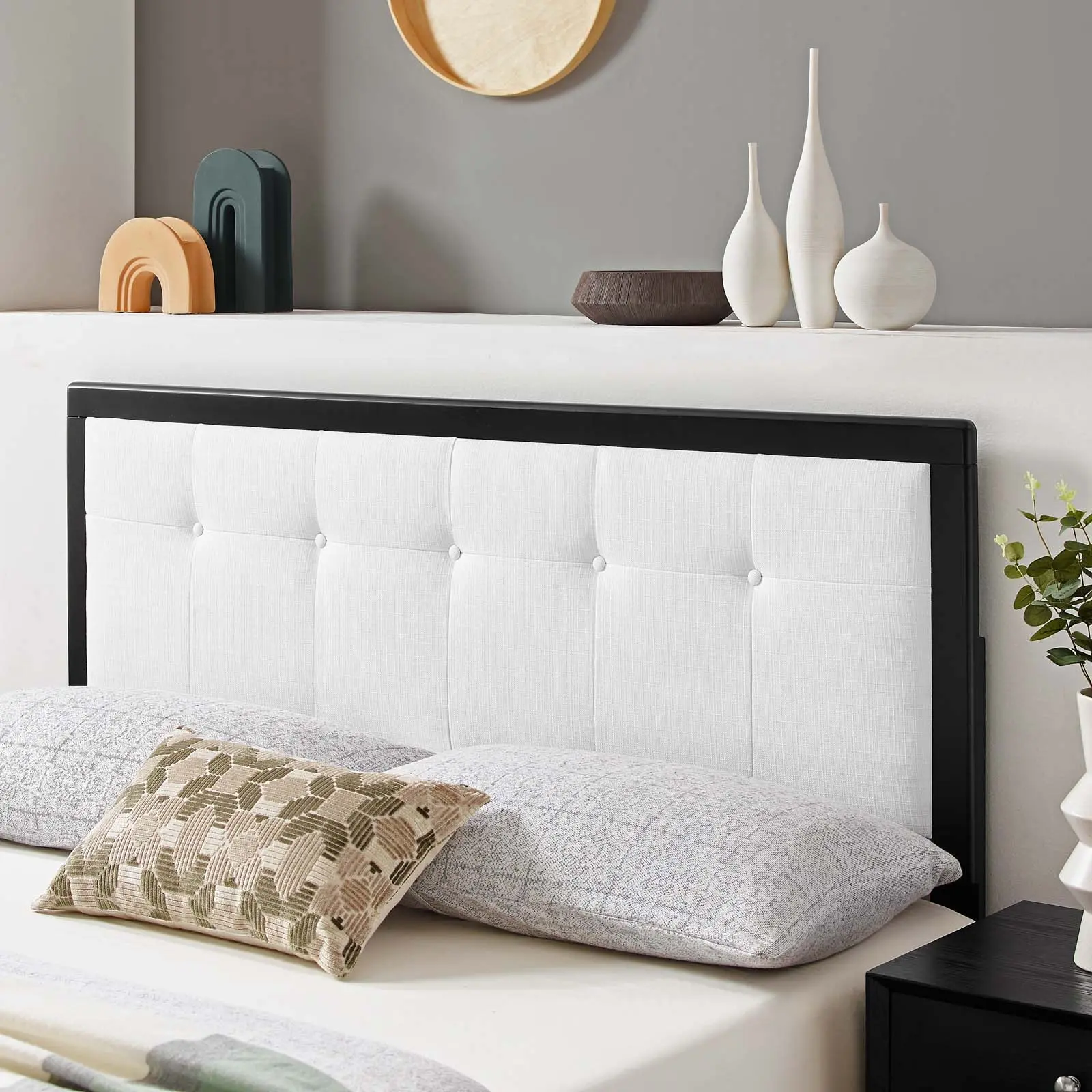 Modway Draper Tufted Button King-Size Fabric and Wood Headboard, Black and White, Tufted Button Headboard