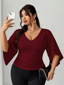 Plus Size Burgundy V Neck Ruched Top for Women, Flare Sleeve Slim Fit Casual Blouse