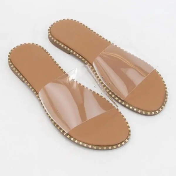 Clear Flat Sandals with Brown Leather Insole and Gold Studs for Women's Footwear