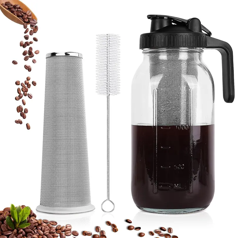 QHH Cold Brew Coffee Maker,64 oz Mason Jar Pitcher with Stainless Steel Filte