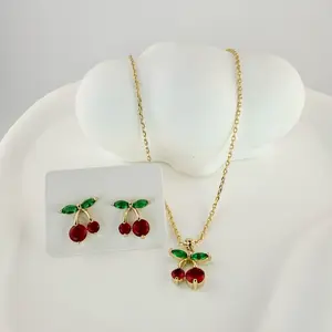 Cherries Set of Necklaces and Bracelets 18 Inches Plus 2 Inches Extension with Red and Green Gemstones