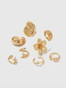 8 Pieces Stylish Ocean-Themed Rings Set, Shiny Starfish Shell Flower Geometric Metal Rings, Open Rings Gift for Women and Girls