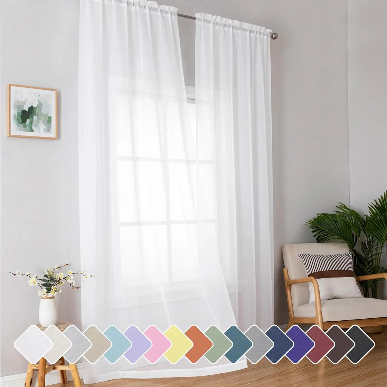 Sheer curtains, light-transmitting rod pocket solid color curtains, elegant curtains, suitable for living room, bedroom, 2-piece set (white, 52inch width x 63/84/ 96inch length): Home and Kitchen