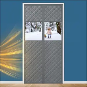 Thermal Insulated Door Fits Door Size 36" x 82", Cloth Thicken Fiber Filled, Self-closing Screen Insulation Cover Keep Warm in Winter, with Windows, Grey