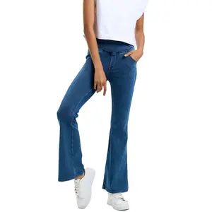 Maomous High Waisted Crossover Pocket Washed Stretchy Knit Casual Flare Jeans  Womenswear Bottoms Trouser Streetwear Pants Comfort sweatpants jeans