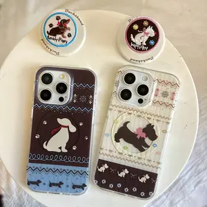 Double Magnetic Suction Color Block Fair Isle Dachshund Phone Case with Embroidered Dachshund Holder for iPhone 13 14 15 16 17 Pro Max Phone Case Series Cute Fashion Creative Protective Cover