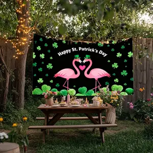 Banner, 1 Pc, St. Patrick's Day Flamingo Backdrop, Size 43.3x70.8 in & 59x82.6 in, Polyester Fabric, Perfect for St. Patrick's Day Celebrations, Room and Party Decoration, Outdoor Holiday Decor, 2D Decorative Flag