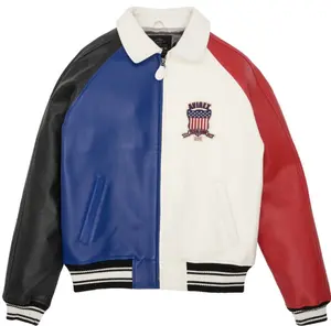 Avirex Men's Multi Color Real Bomber American Flight Jacket Sheep Leather with Iconic Patch