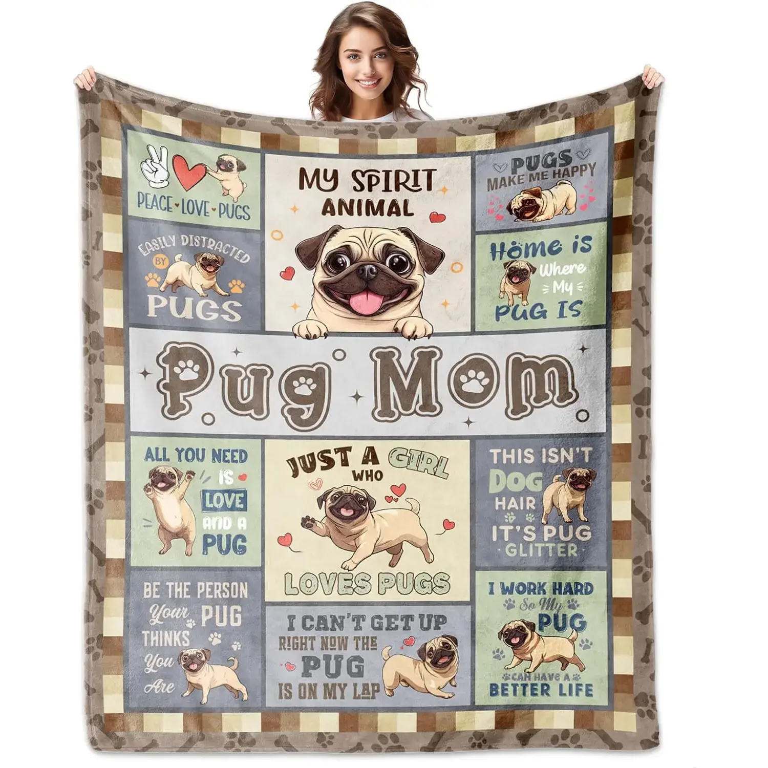 Pug Gifts for Women, Pug Blankets 60''x50'', Pugs Gifts for Lovers Mom, Puppy Gifts for Girls, Gifts for Pugs Dog Owners Lovers Woman Decorations Throw Blanket for Christmas Mothers Day, Printed on One Side with a Plain White Back, Halloween Thanksgiving