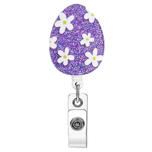 1pc badge scroll, glitter purple Easter egg acrylic ID badge scroll, decorated with white flowers, fresh and eye-catching. It's perfect for hanging ID badges in the office, full of festive vibes, practical and cute!