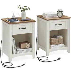Set of 2 Farmhouse Nightstands, Bedside Side Table with Charging Station, Storage Drawer & Open Compartment, Rustic Style Furniture for Bedroom Home Decor, Nightstand, Assembled Bedside Tables