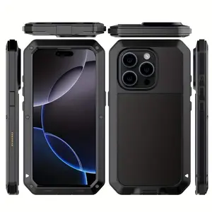 Heavy Duty Tank Aluminum Metal Case for iPhone 16 15 14 13 12 11 Pro Max X XR 8 7 Plus Covers Shockproof Rugged Metal Bumper Full Body protect Case Front Tempered glass screen + Soft silicone Back Cover