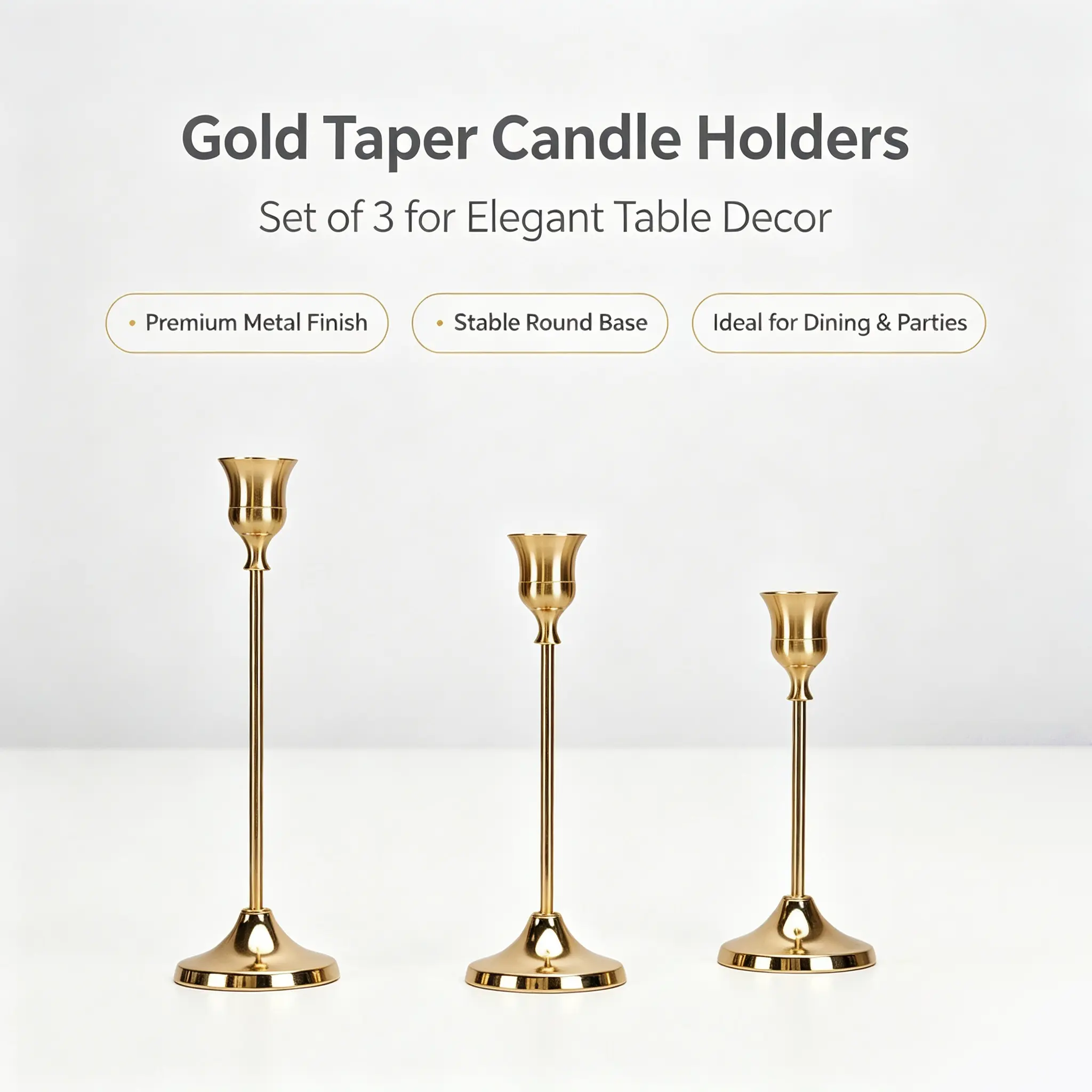Vintage Metal Taper Candle Holder Set, 3-Piece Decorative Candle Stands for Table, Engagement, Anniversary - Minimalist Home Decor, House Decor Accessories