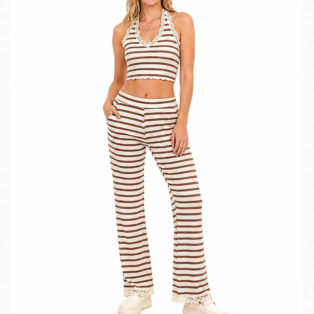 Women's 2 Piece Striped Pants Set, Halter Neck Crop Top and High Waist Wide Leg Pants, Brown and White Ribbed Knit Matching Summer Outfit for Vacation Beach, Gift for Her Flared Pants Adjustable