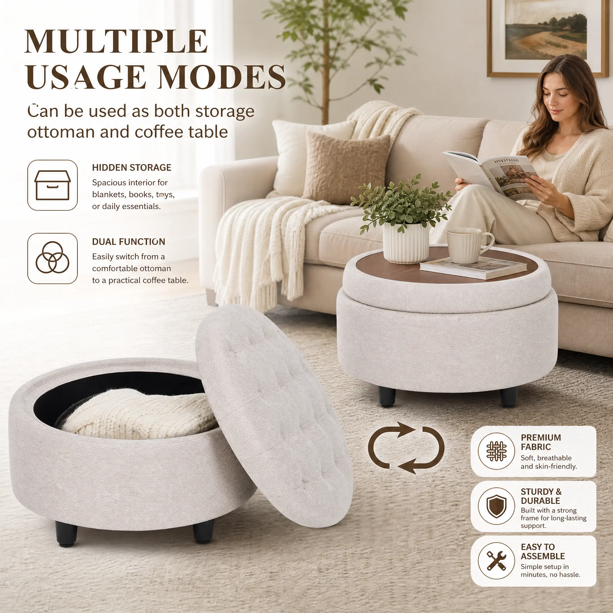 COLAMY 3-in-1 Fabric Round Storage Ottoman - Reversible Tray Lid, Multi-Functional Footrest, Hidden Storage, Sturdy Stylish Small Coffee Table for Living Room, Bedroom