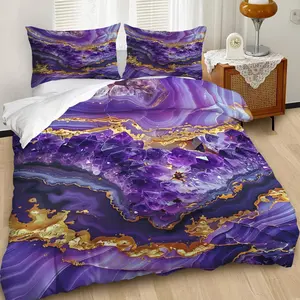 Amethyst Gilded Mineral Pattern Duvet Cover Set,Luxurious and Elegant Bedroom Bedding Set.Combining Natural Texture with A Glamorous Atmosphere.Soft Material for Cozy Sleep, 2/3Pcs Includes 1 or 2 Pillowcases, Pillow Inserts Not Included