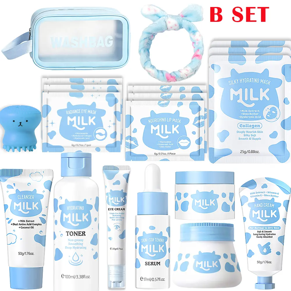 19pcs Milk Skin Care Set, Complete Travel  Skincare Kit For women, Hydrating Milk Facial Cleanser Toner Serum Eye Cream Moisturizer Hand Cream, Milk Face Mask Eye Lip Mask Gentle Daily Skincare Routine,  Hydrating Set For Women Beginners