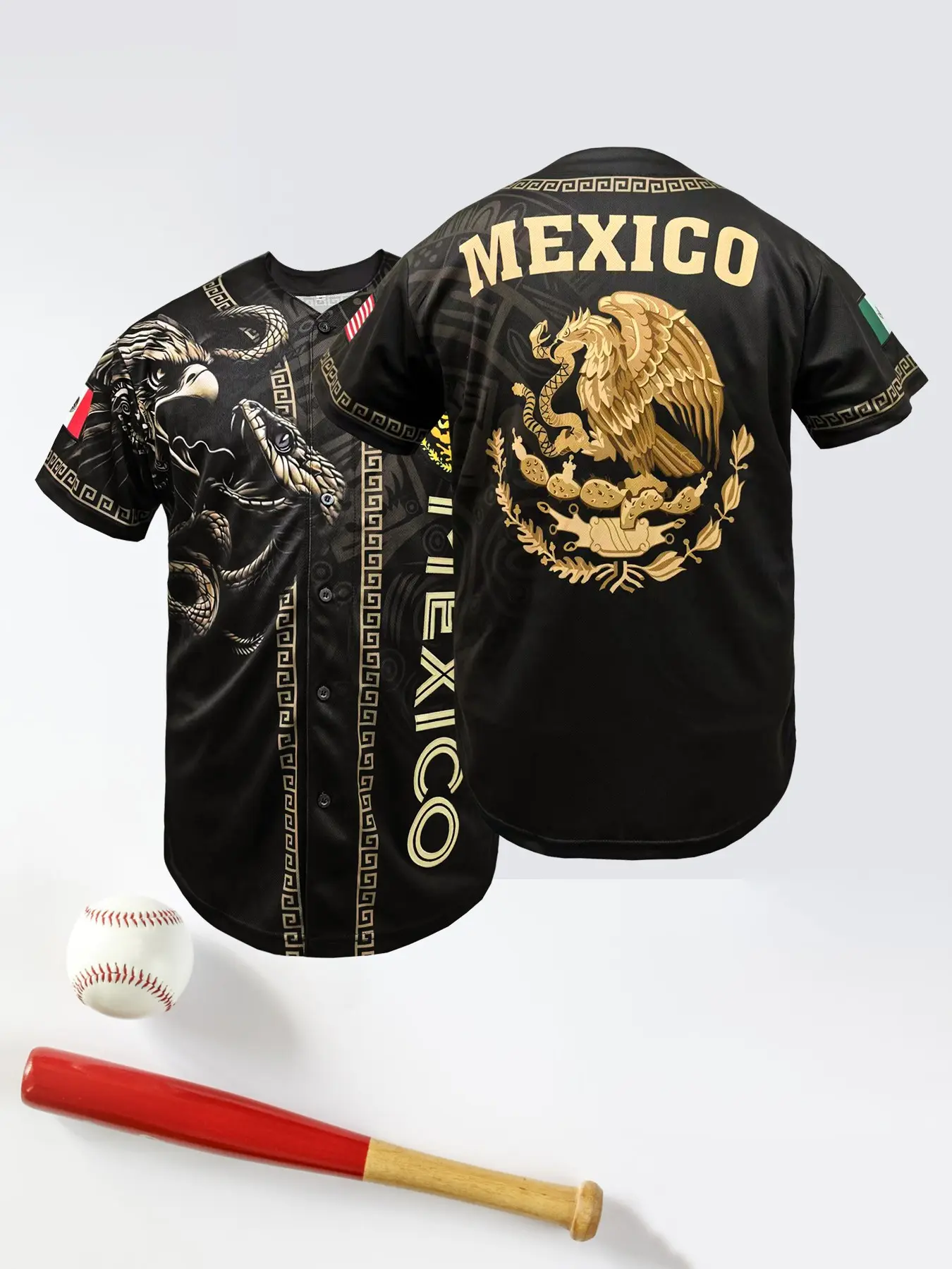 Men's "MEXICO" Embroidered Graphic Baseball Jersey, Casual Short Sleeve V-Neck Shirt, Breathable Button Front, Unisex Outdoor Sportswear, Athletic Top