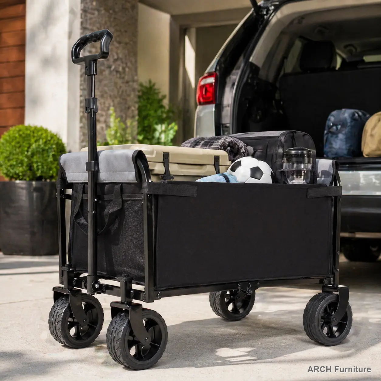 ARCH All-Terrain Convertible Trolley - Outdoor Steel Frame Wagon with 5x2in Wide Wheels, Foldable Design, Full-Side Opening, Dog Leash, Outdoor Seating, Seating/Storage, 13.45 lbs, 220lb Capacity for Camping, Beach