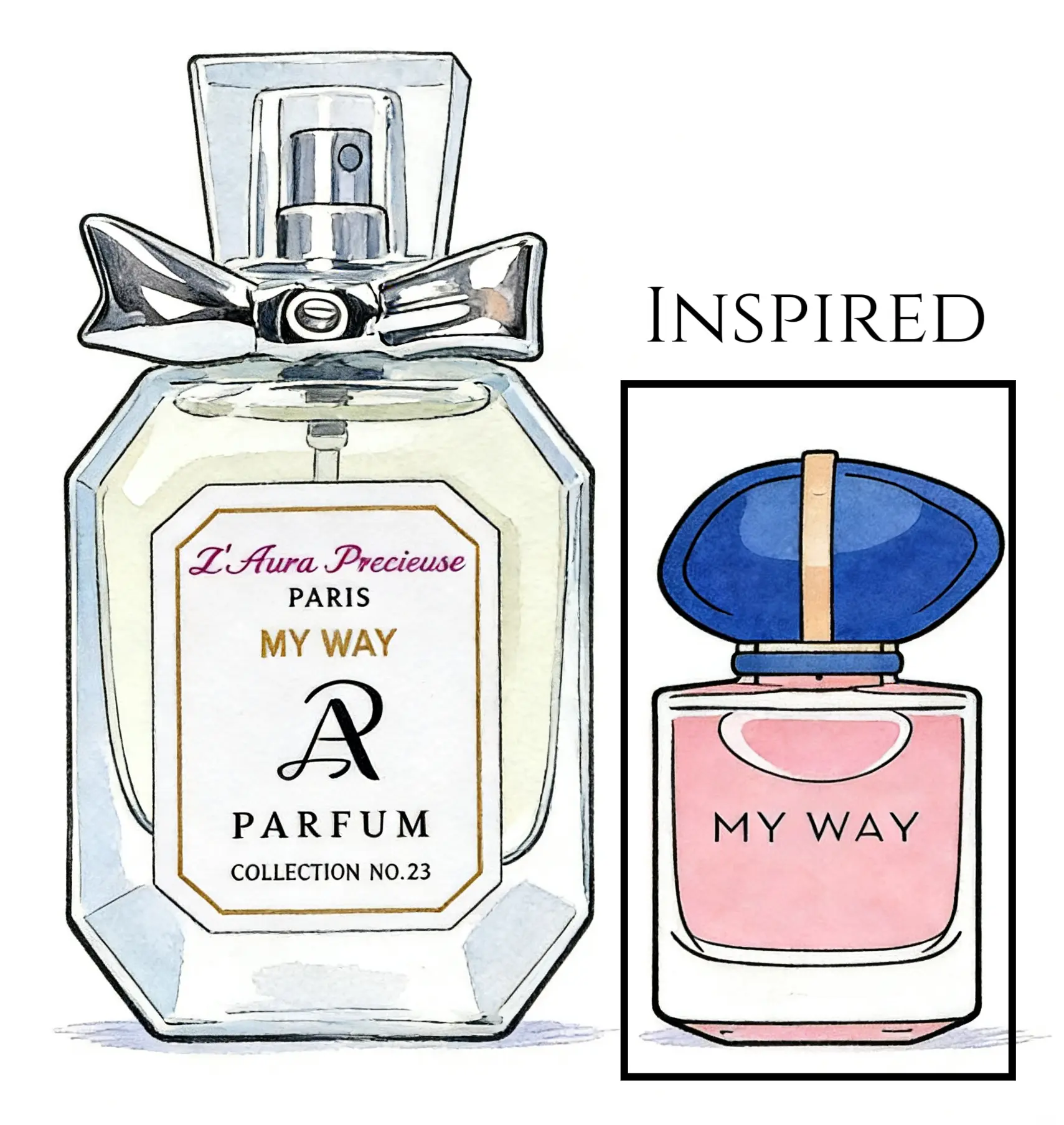No.23 MY WAY 2020 Floral Top:Orange Blossom Bergamot Middle:Tuberose Jasmine Base:Vanilla Musk Cedar  Size: 30ML 1oz L’Aura Précieuse Women Long Lasting Oil Base Fragrance Parfume