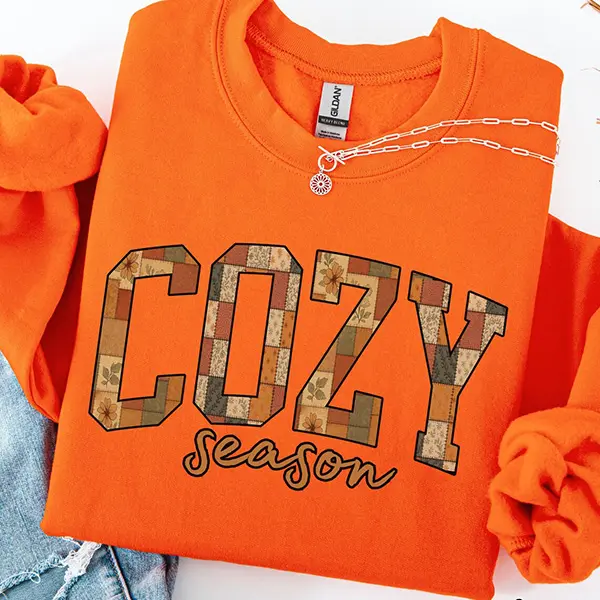 Cozy Season Sweatshirt, Retro Patchwork Fall Crewneck, Cute Thanksgiving Sweater, Autumn Cozy Vibes Sweater, Vintage Fall Aesthetic Pullover