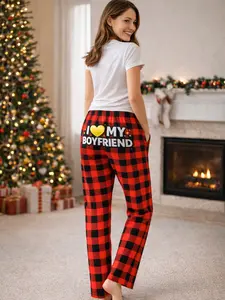 Pajama Pants Women Funny Plaid Lounge Pants “I Love My Boyfriend” Cozy Sleepwear Gift